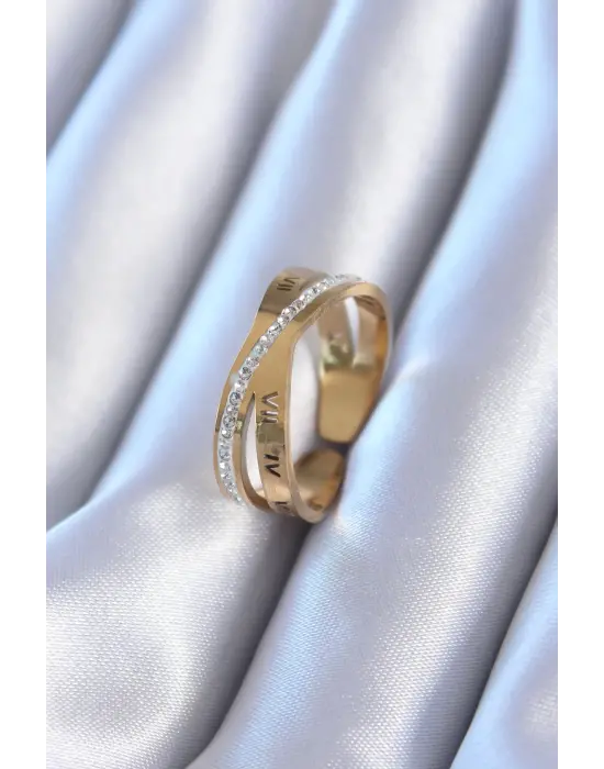 316L Çelik Altın Zirkon Taşlı Romen Rakam İşleme Çelik Yüzük