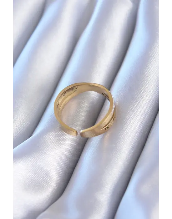 316L Çelik Altın Zirkon Taşlı Romen Rakam İşleme Çelik Yüzük