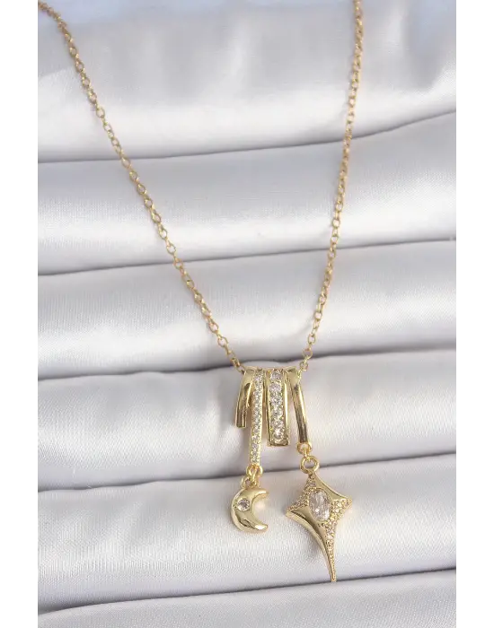 316L Çelik Gold Renk Zirkon Taşlı Sallantı Ay Yıldız Figür Charm Kadın Kolye