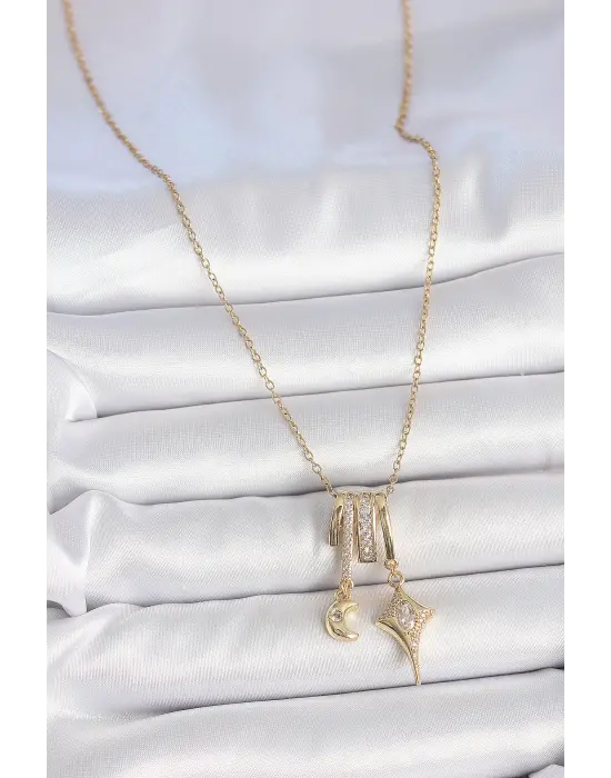 316L Çelik Gold Renk Zirkon Taşlı Sallantı Ay Yıldız Figür Charm Kadın Kolye