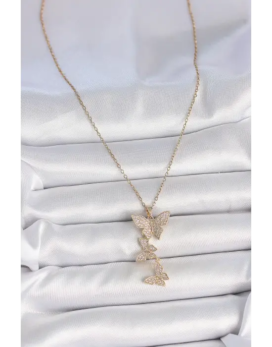 316L Çelik Gold Renk Zirkon Taşlı Sallantı Kelebek Model Kadın Kolye