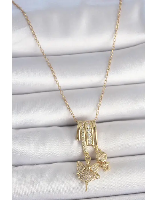 316L Çelik Gold Renk Zirkon Taşlı Sallantı Melek Figür Charm Kadın Kolye
