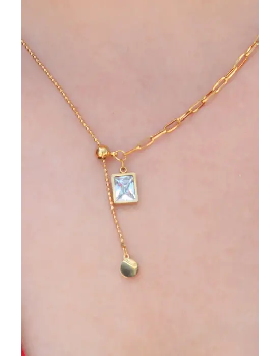  Altın  Zirkon Taşlı Sallantı Model  Çelik Kolye