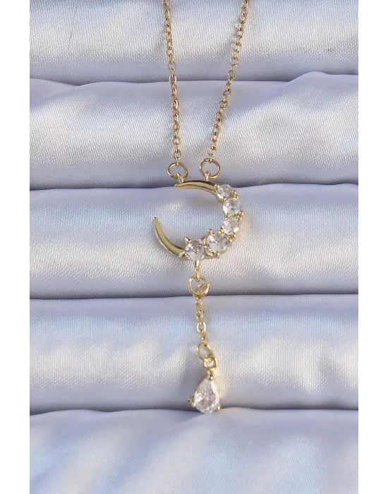  Altın  Zirkon Taşlı Sallantılı Ay Figür Çelik Kolye