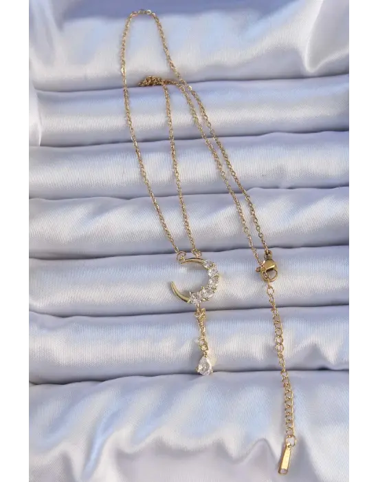  Altın  Zirkon Taşlı Sallantılı Ay Figür Çelik Kolye