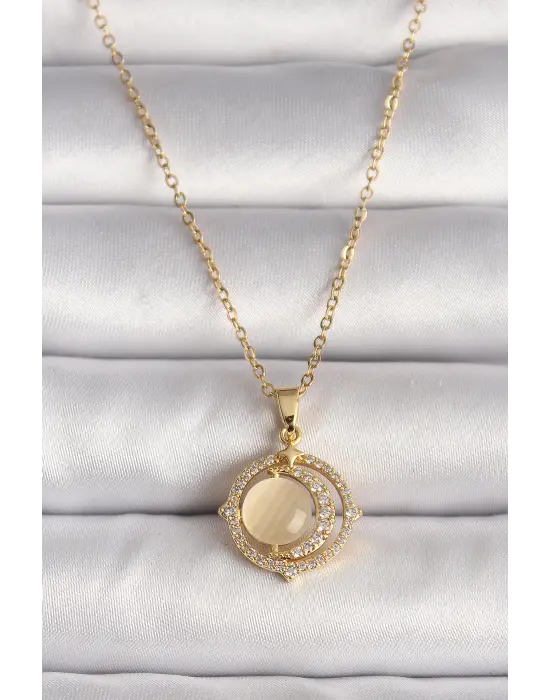  Altın  Zirkon Taşlı Sarı Sedefli Hilal Model  Çelik Kolye