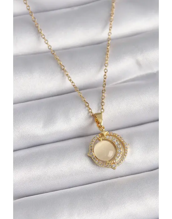  Altın  Zirkon Taşlı Sarı Sedefli Hilal Model  Çelik Kolye