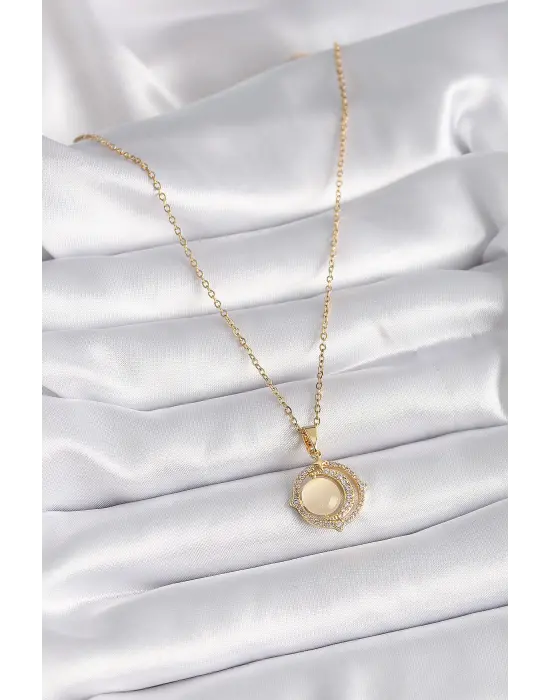  Altın  Zirkon Taşlı Sarı Sedefli Hilal Model  Çelik Kolye