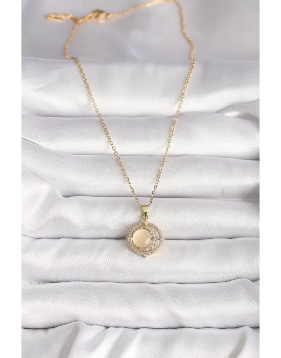  Altın  Zirkon Taşlı Sarı Sedefli Hilal Model  Çelik Kolye