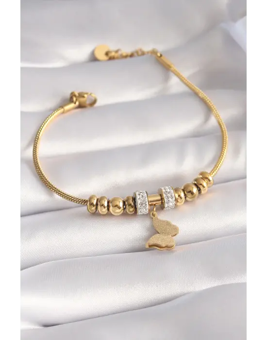 316L Çelik Gold Renk Zirkon Taşlı Simli Kelebek Figür Kadın Bileklik
