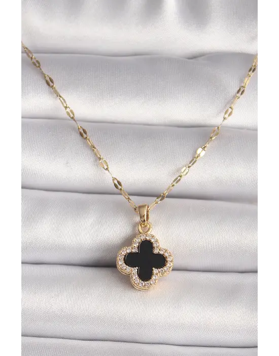  Altın  Zirkon Taşlı Siyah Yonca Model  Çelik Kolye