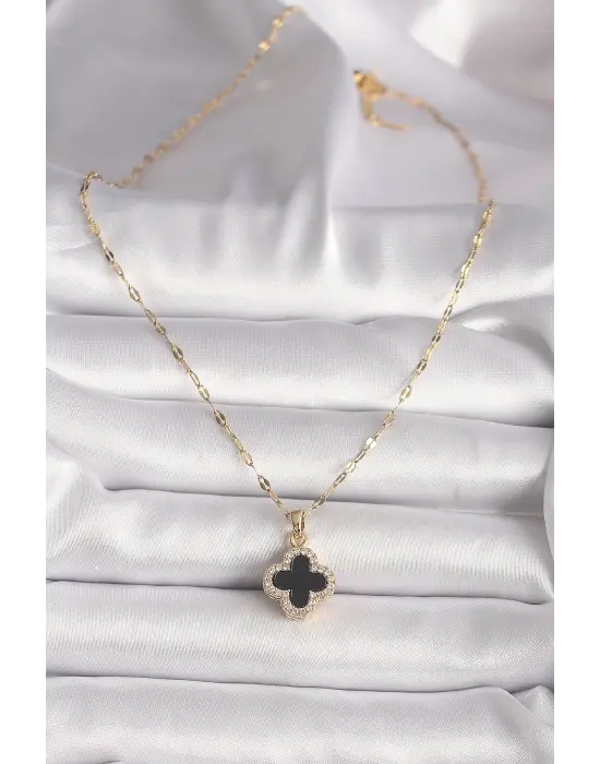  Altın  Zirkon Taşlı Siyah Yonca Model  Çelik Kolye