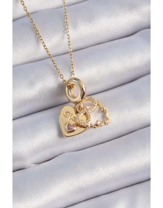  Altın  Zirkon Taşlı Sonsuzluk Kalp Figür Charm Model  Çelik Kolye