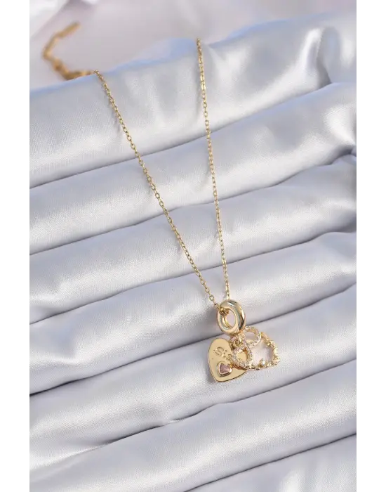  Altın  Zirkon Taşlı Sonsuzluk Kalp Figür Charm Model  Çelik Kolye