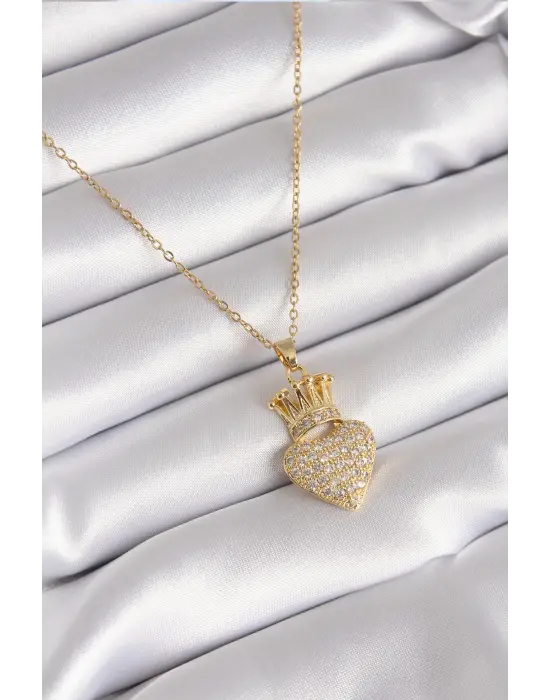  Altın  Zirkon Taşlı Taçlı Kalp Model  Çelik Kolye