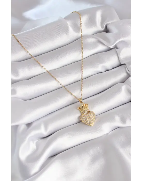  Altın  Zirkon Taşlı Taçlı Kalp Model  Çelik Kolye