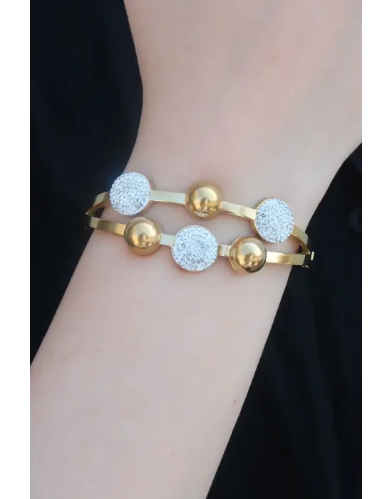 316L Çelik Gold Renk Zirkon Taşlı Top Model Kadın Kelepçe