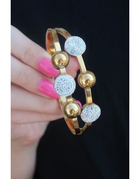 316L Çelik Gold Renk Zirkon Taşlı Top Model Kadın Kelepçe