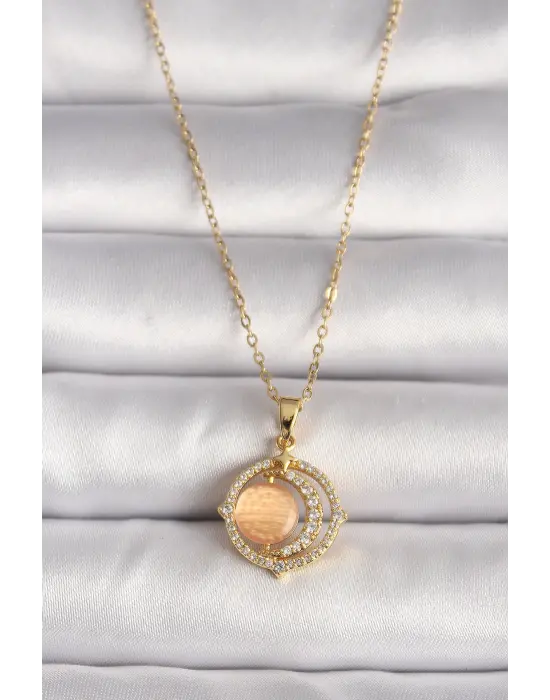  Altın  Zirkon Taşlı Turuncu Sedefli Hilal Model  Çelik Kolye
