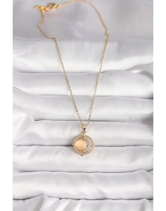  Altın  Zirkon Taşlı Turuncu Sedefli Hilal Model  Çelik Kolye