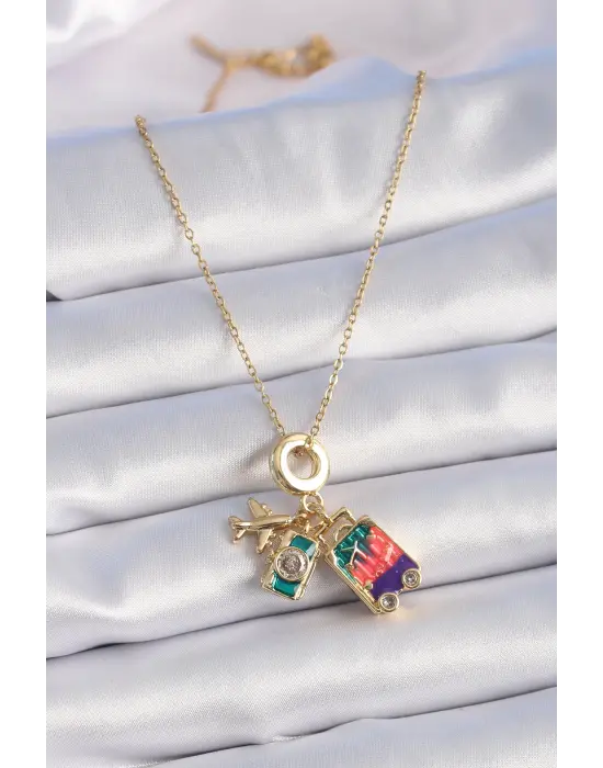  Altın  Zirkon Taşlı Uçak Bavul Figür Charm Model  Çelik Kolye