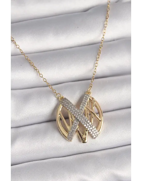  Altın  Zirkon Taşlı Vintage Model  Çelik Kolye
