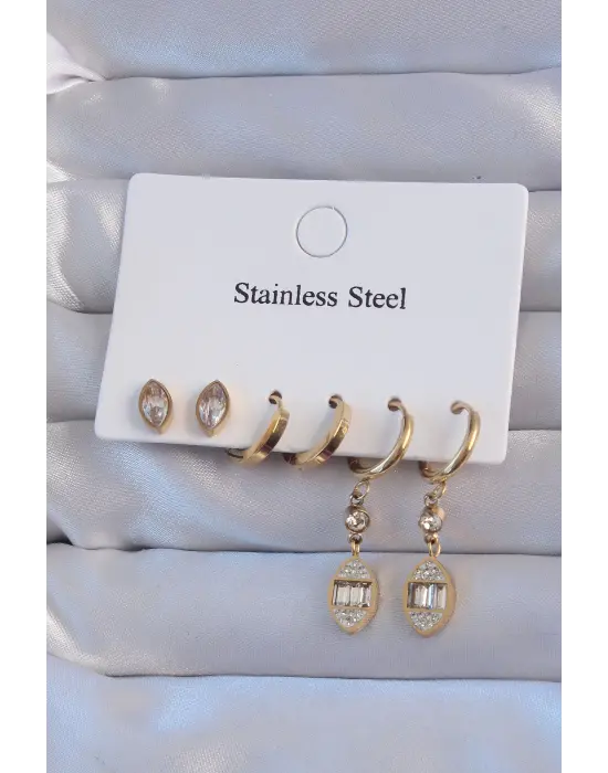   Altın Zirkon Taşlı Yaprak Model Halka Küpe Seti