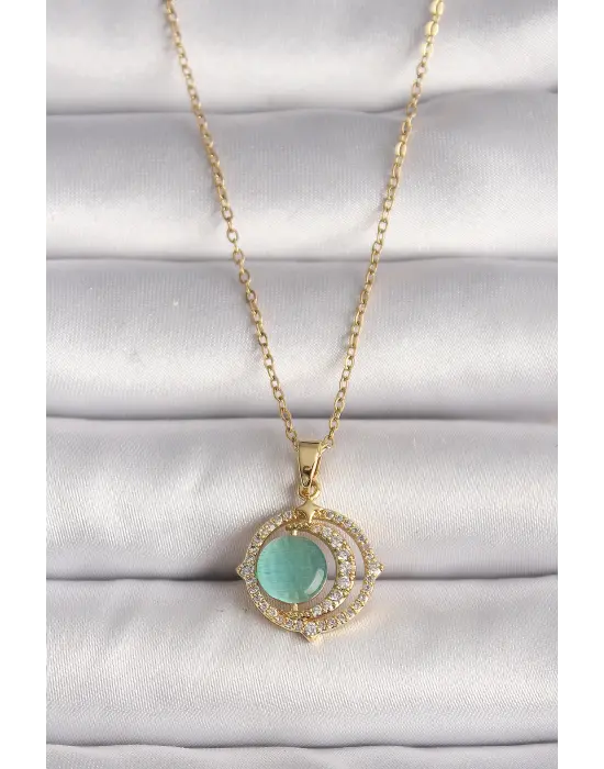  Altın  Zirkon Taşlı Yeşil Sedefli Hilal Model  Çelik Kolye