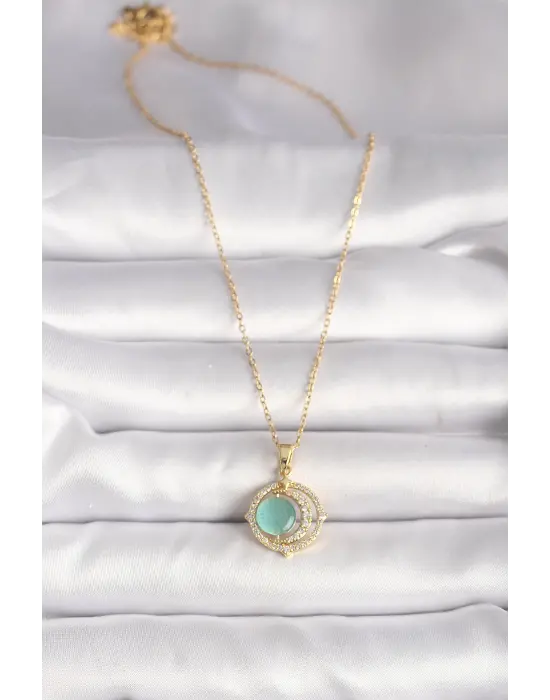  Altın  Zirkon Taşlı Yeşil Sedefli Hilal Model  Çelik Kolye