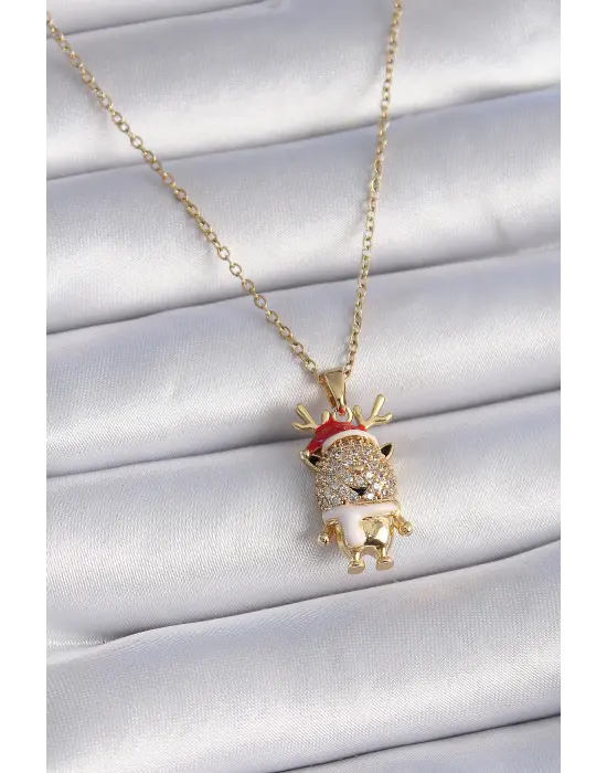  Altın  Zirkon Taşlı Yılbaşı Temalı Ren Geyiği Figür  Çelik Kolye