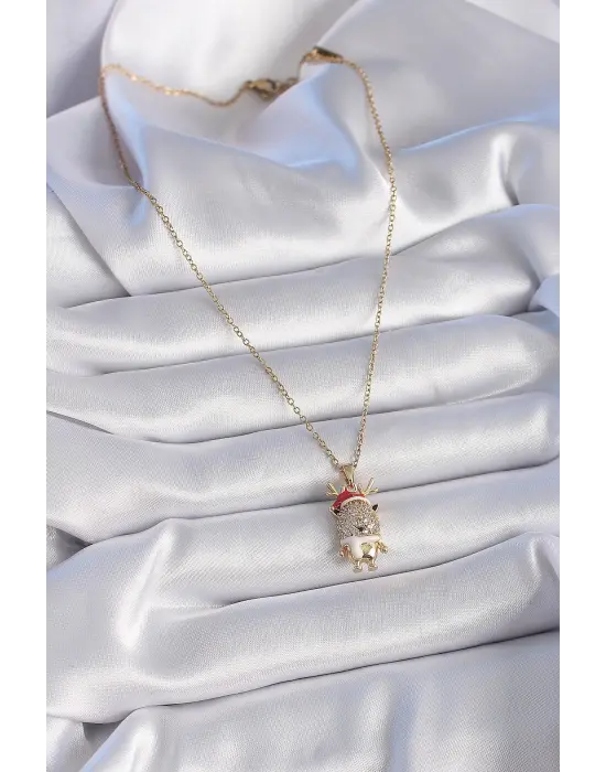  Altın  Zirkon Taşlı Yılbaşı Temalı Ren Geyiği Figür  Çelik Kolye