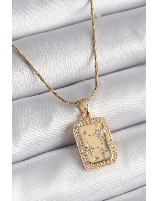  Altın  Zirkon Taşlı Yıldız İşleme Madalyon  Çelik Kolye