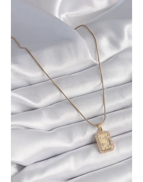  Altın  Zirkon Taşlı Yıldız İşleme Madalyon  Çelik Kolye