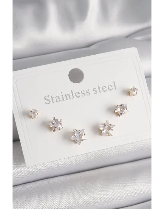   Altın Zirkon Taşlı Yıldız Model Çelik Küpe Seti