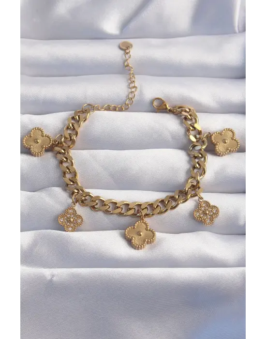 316L Çelik Gold Renk Zirkon Taşlı Yonca Model Bileklik