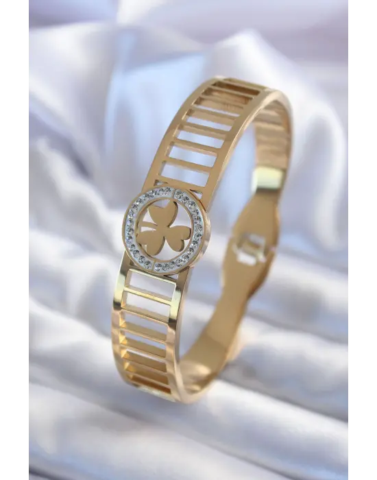 316L Çelik Gold Renk Zirkon Taşlı Yonca Model Kadın Kelepçe