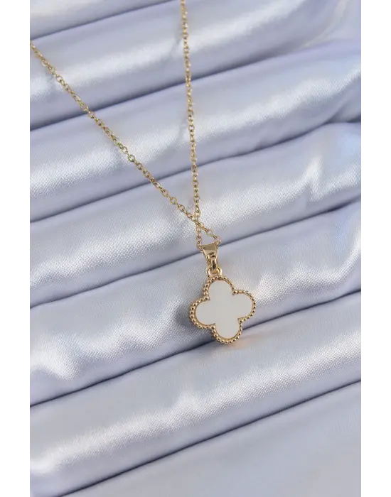  Altın  Zirkon Taşlı Yonca Model  Çelik Kolye