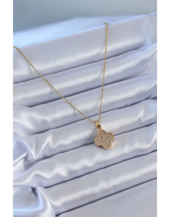  Altın  Zirkon Taşlı Yonca Model  Çelik Kolye