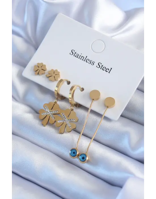   Altın Zirkon Taşlı Yonca Model Çelik Küpe Seti