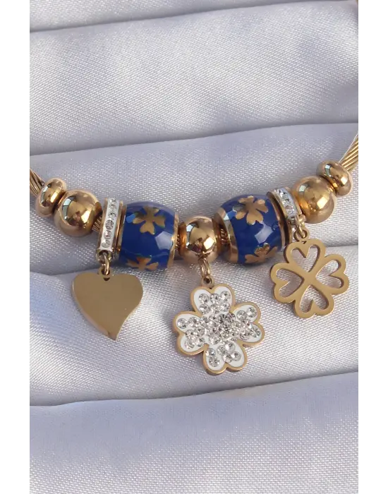 316L Çelik Gold Renk Zirkon Taşlı Yonca Tasarımlı Kalp Detay Mineli Charm Bileklik