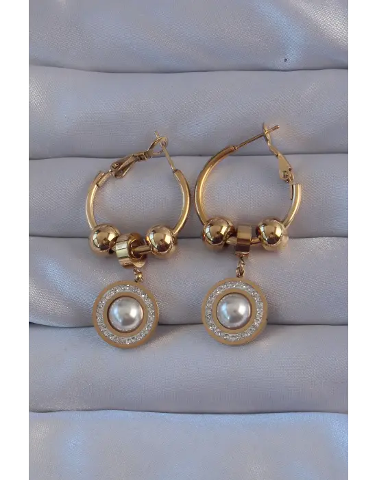   Altın Zirkon ve İnci Taşlı Cartier Model Halka Küpe
