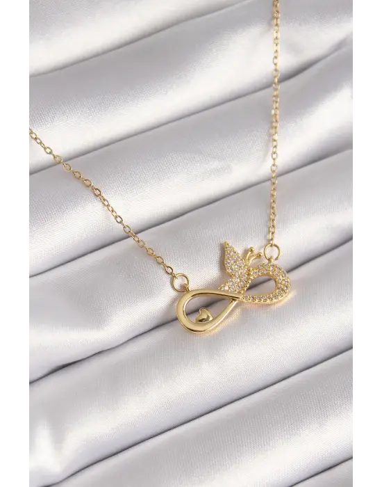  Altın  Zirkon Zincir Taşı Sonsuzluk Kelebek Model  Çelik Kolye