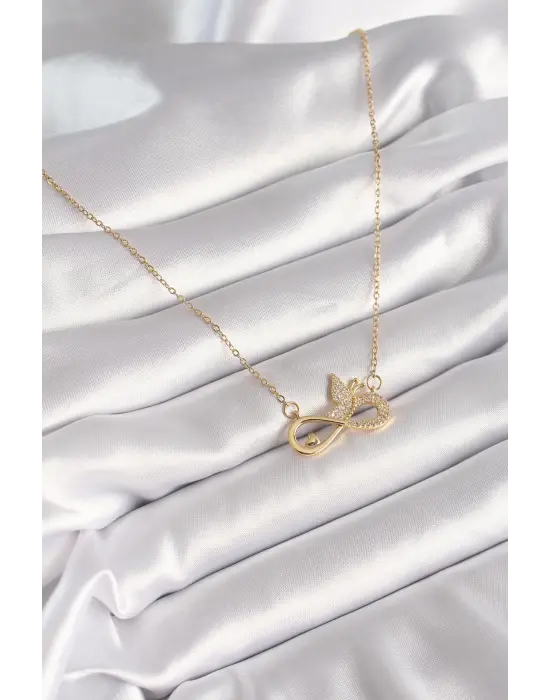  Altın  Zirkon Zincir Taşı Sonsuzluk Kelebek Model  Çelik Kolye