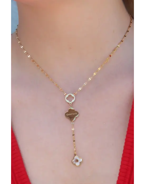  Altın Sallantı Model Yonca Figür Good Luck İşleme  Çelik Kolye