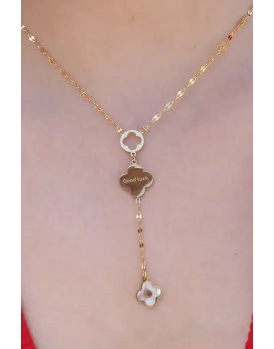  Altın Sallantı Model Yonca Figür Good Luck İşleme  Çelik Kolye