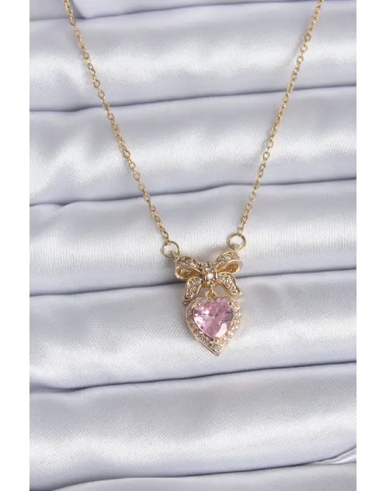  Altın Zincir Pembe Kristal Kalp Model Zirkon Taşlı Kurdele Model  Çelik Kolye