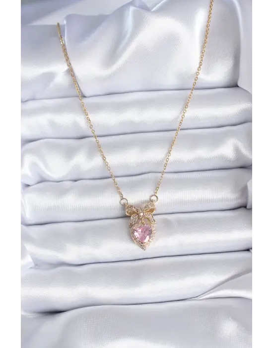  Altın Zincir Pembe Kristal Kalp Model Zirkon Taşlı Kurdele Model  Çelik Kolye