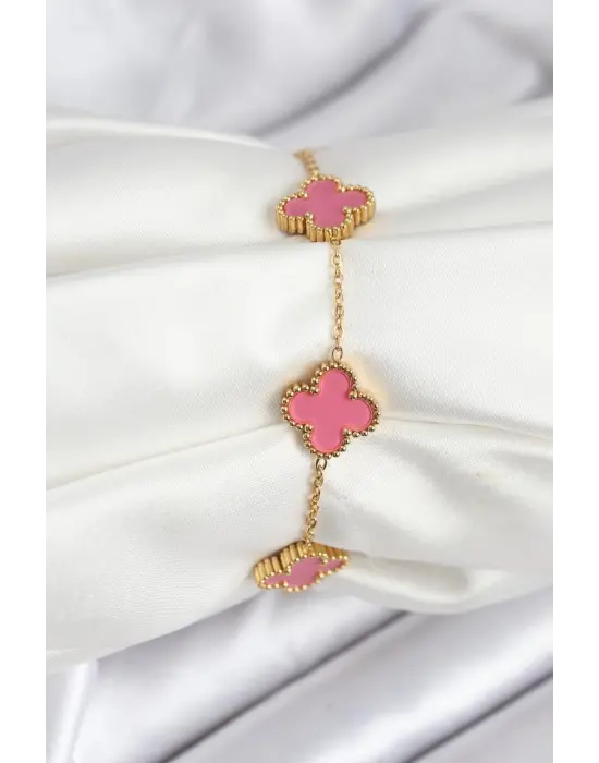 316L Çelik Gold Zincir Pembe Yonca Renk Bileklik