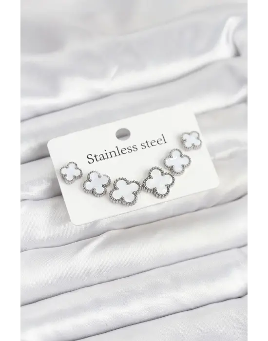 316L Çelik Gümüş Beyaz Renk 3 Boy Yonca Küpe Seti