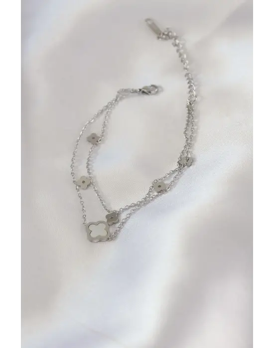 316L Çelik Gümüş Renk 2li Beyaz Yonca Figür Kadın Bileklik